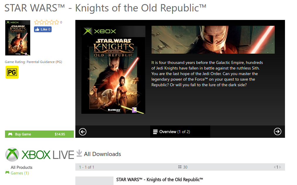 Xbox Original Star Wars Knights of the Old Republic