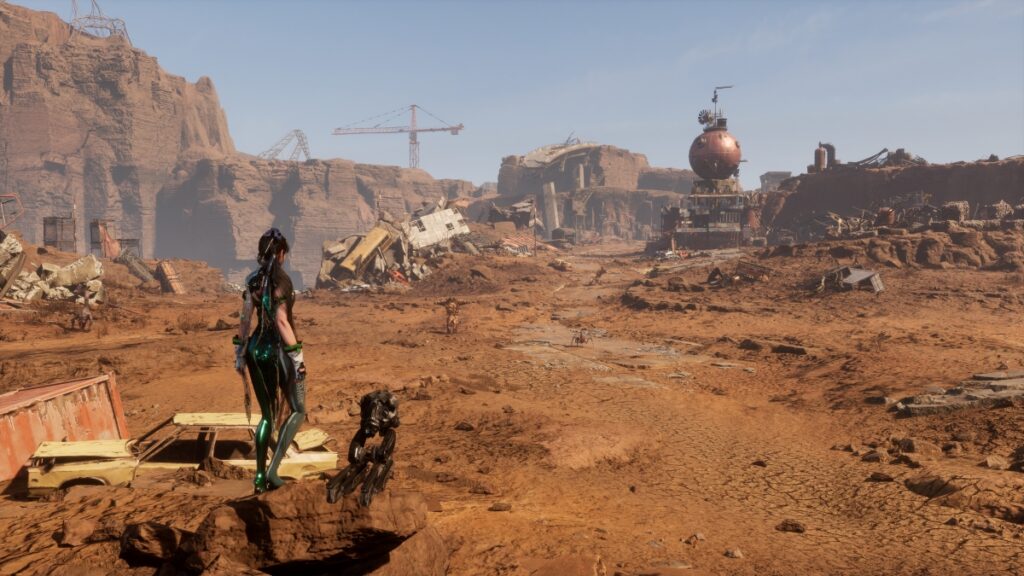 EVE and her drone companion in the Wasteland, a destroyed desert where only ruins remain.